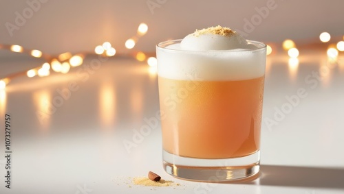 A frothy cocktail in a clear glass garnished with a sprinkle of crushed topping, set against a softly lit background.
