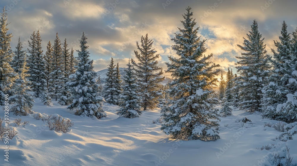 Snowy pine trees dotting a quiet winter forest with soft sunlight peeking through the branches Snowy pine trees dotting a quiet winter forest with soft sunlight peeking through the branches
