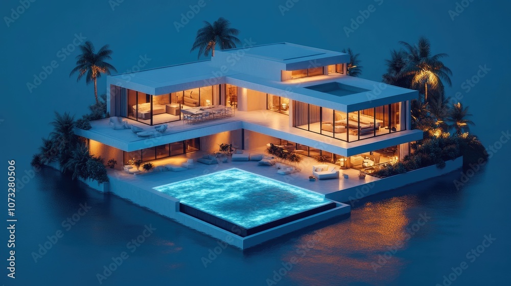 Fototapeta premium A modern, luxurious villa with a pool and palm trees on a small island at night.