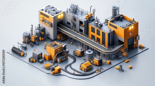 Isometric illustration of a factory with conveyor belts and various industrial machinery.