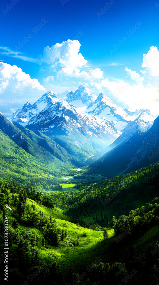 Fototapeta premium A breathtaking view of majestic mountains surrounded by lush green valleys, under a clear blue sky filled with fluffy clouds, showcasing the beauty of nature.
