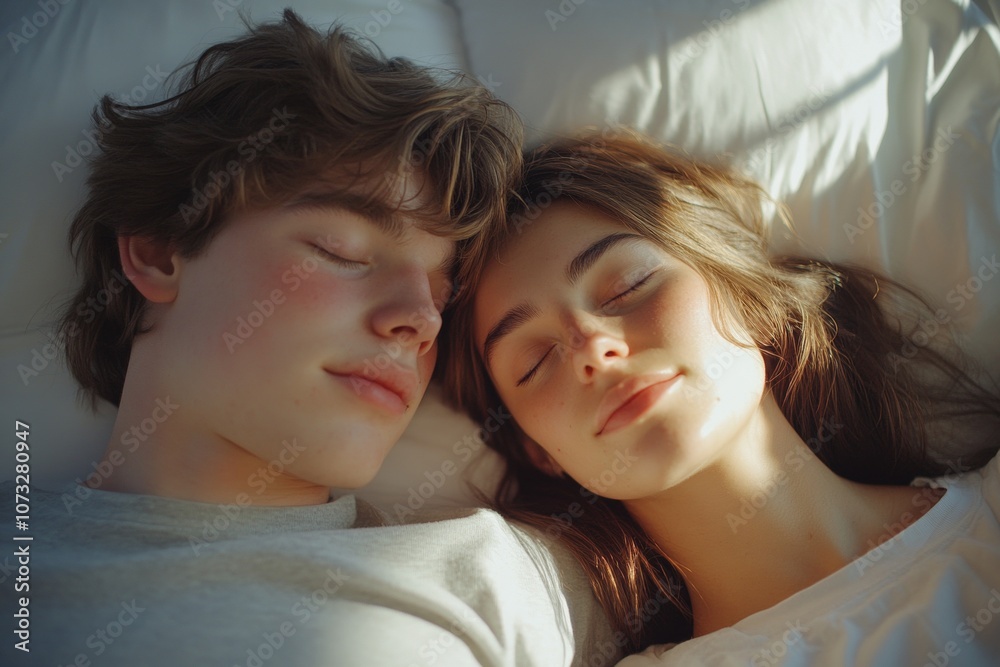 A couple is sleeping in bed with their heads touching A couple is sleeping in bed with their heads touching