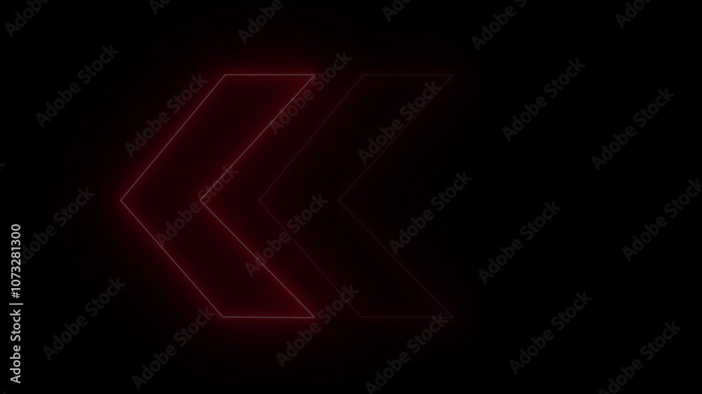 Red neon swipe arrow pointing to left and moving on black background. Animated glowing left directional traffic arrows animation transitional arrow navigation