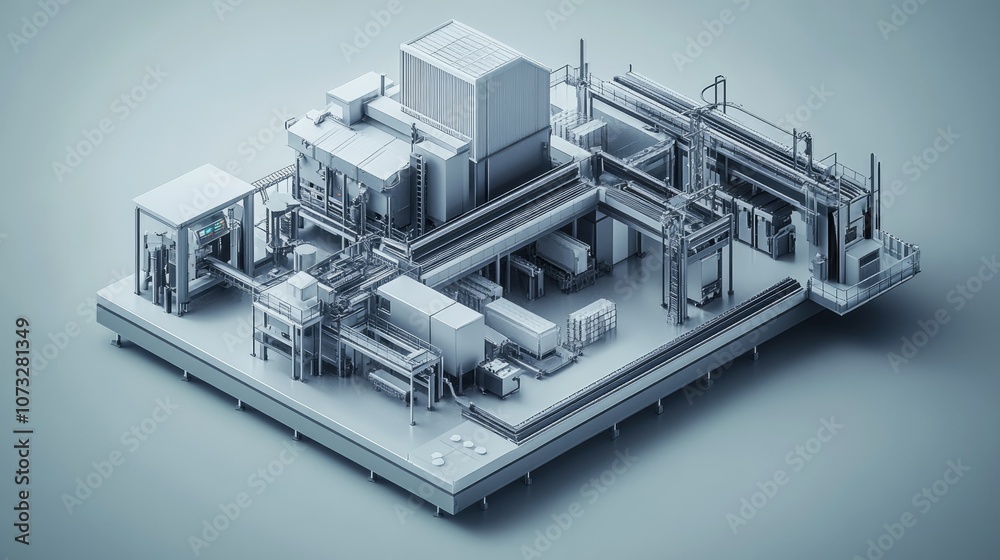 Isometric 3D rendering of a factory with pipes, machinery, and equipment. Isometric 3D rendering of a factory with pipes, machinery, and equipment.