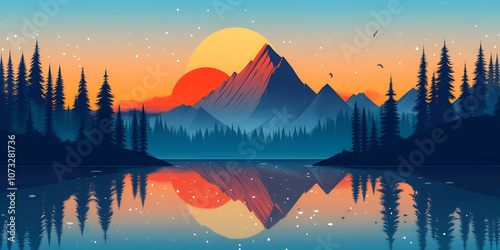 Mountain Reflection on Calm Lake at Sunset, Majestic Sunset over Mountainous Landscape