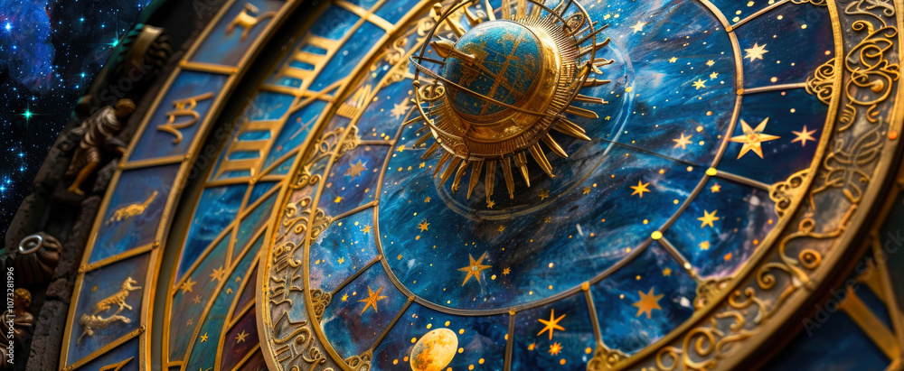 Fototapeta premium Abstract space with Zodiac signs and old golden clock, view of Astrological wheel against stars. Concept of astrology, art, design, horoscope