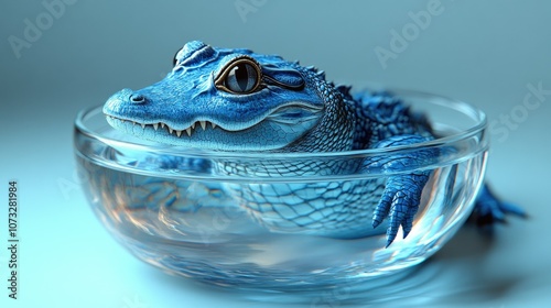 A small blue alligator floats in a clear glass bowl of water on a light blue background. photo