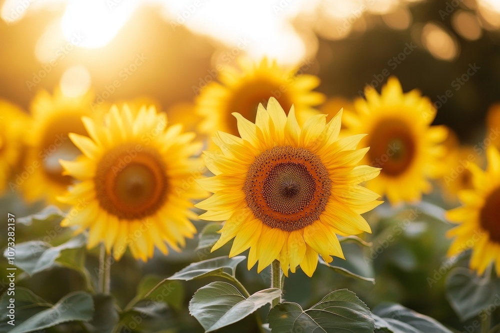 Fototapeta premium A field of sunflowers with a single sunflower in the foreground