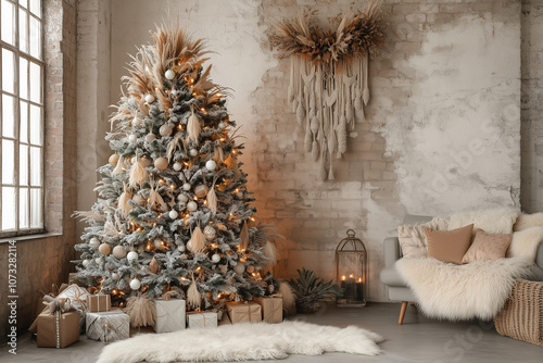 Bohot Christmas tree decorated with feathers, macrame, and wooden beads in a cozy living room photo