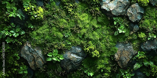 A vibrant and lush display of moss and plants clinging to rugged rocks, showcasing rich green hues that evoke a sense of tranquility and natural beauty.