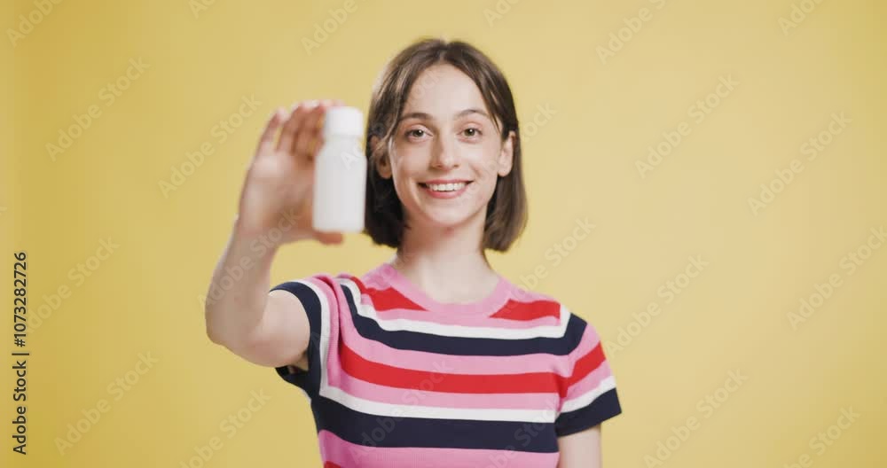 Young woman presenting a white medicine bottle against a yellow background