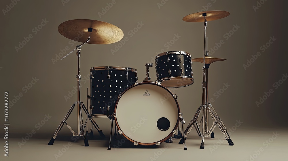 Fototapeta premium A classic drum set with a black and white finish and chrome hardware.