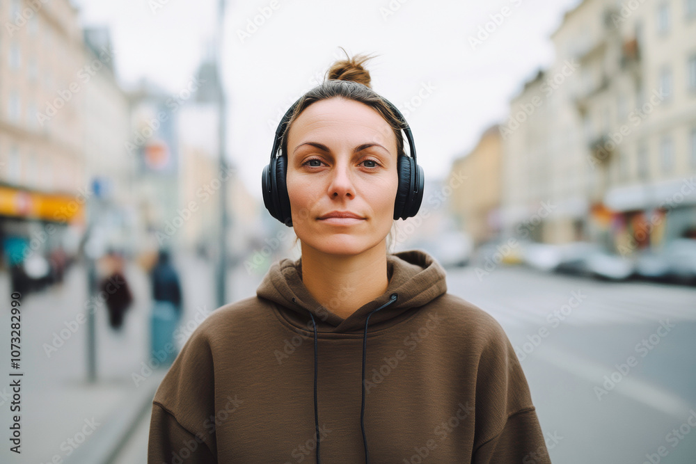 A woman wearing headphones and a brown hoodie A woman wearing headphones and a brown hoodie