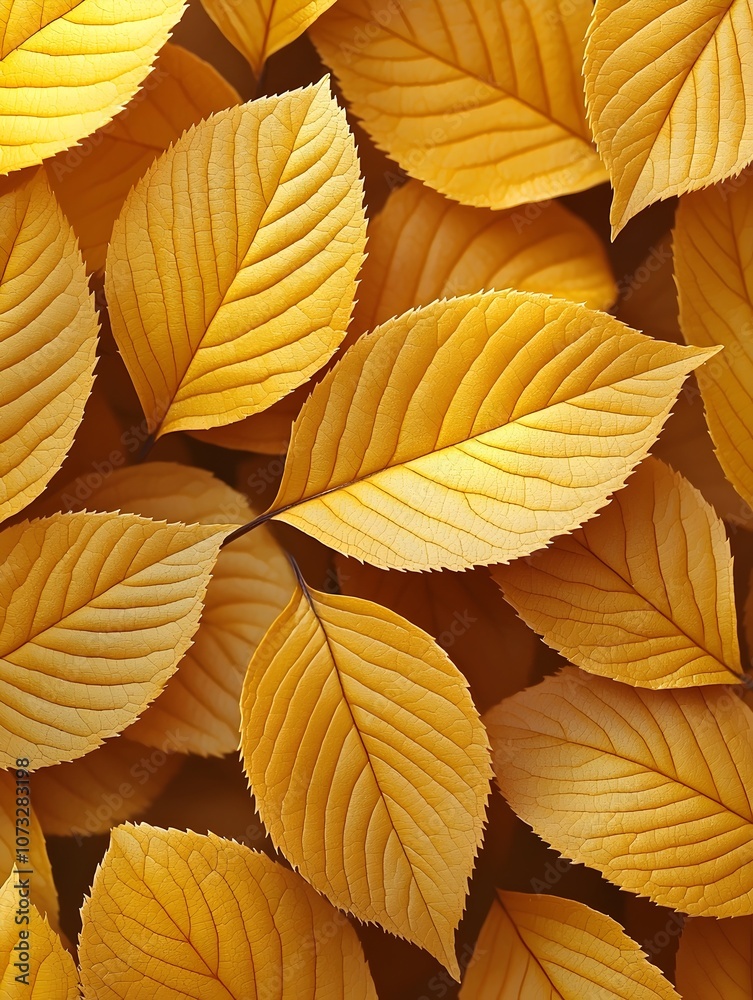 Fototapeta premium A close-up of vibrant golden leaves overlapping, showcasing intricate veins and textures. The warm hues create a calming autumn atmosphere, perfect for seasonal themes.
