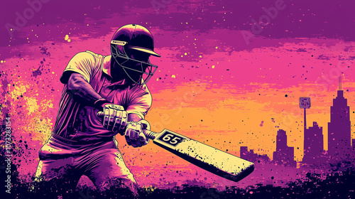 silhouette of cricket batsman in action watercolor background on pink