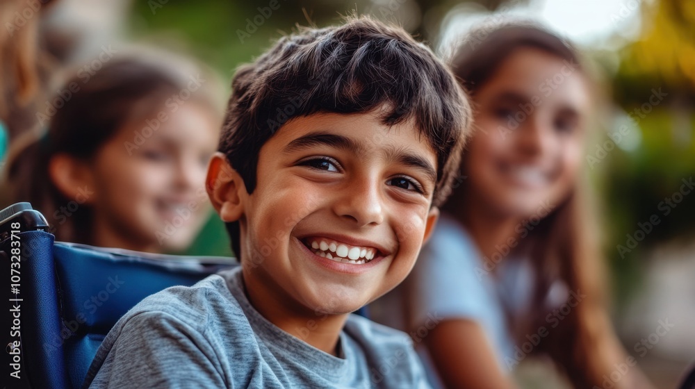 Fototapeta premium Happy young boy smiling joyfully while sitting outdoors surrounded by friends in a vibrant and sunny environment showcasing friendship and joy in childhood.