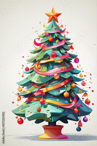 Festive Cartoon-Style Christmas Tree Illustration: Decorated in Line Art on White Background