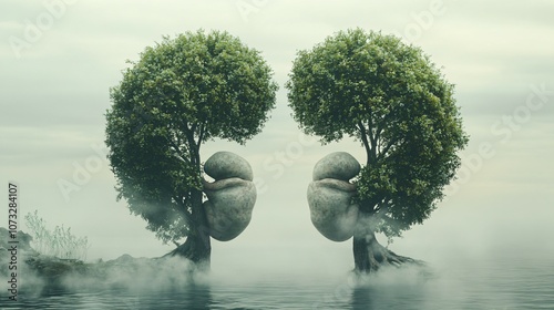 A pair of kidneys shaped like trees, with branches spreading out to symbolize their function in filtering and detoxifying the body. Concept of health photo