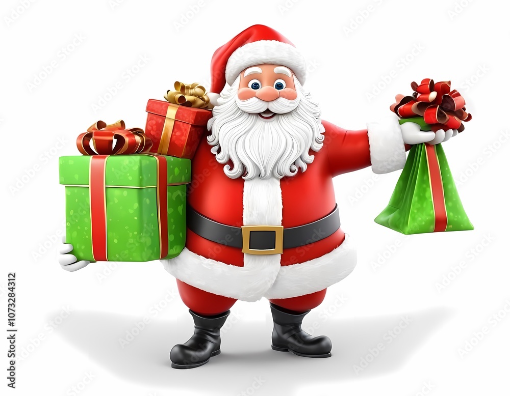 Cheerful Santa Claus with a sack of colorful gifts standing against a light background, New Year Cheerful Santa Claus with a sack of colorful gifts standing against a light background, New Year