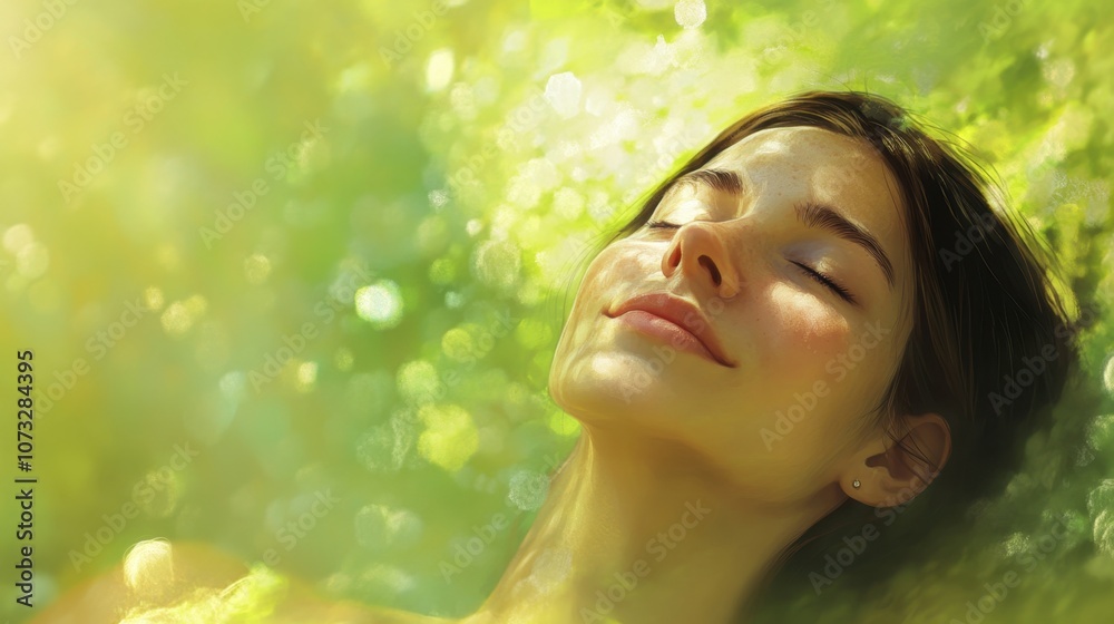 Fototapeta premium Serene Young Woman Enjoying Peaceful Moment in Nature Surrounded by Lush Greenery and Soft Sunlight Creating a Dreamlike Atmosphere of Relaxation and Tranquility