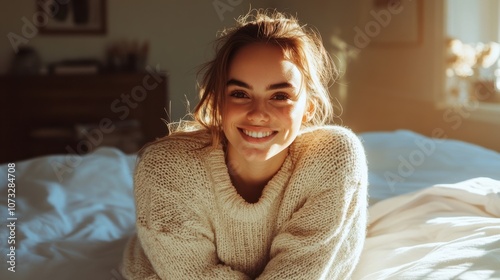 Cozy Indoor Scene Featuring Young Woman with Natural Smile Enjoying Sunlight in Soft Sweater on Bed Surrounded by Warm Home Environment