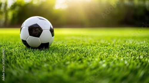 Close-up of a Classic Black and White Soccer Ball on Vibrant Green Grass Under Soft Natural Light in a Peaceful Outdoor Setting