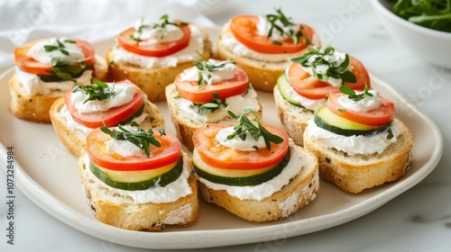 Freshly Prepared Vegetable Stacks on Crisp Bread Slices with Creamy Dressing, Perfect for Appetizers and Entertaining Guests at Gatherings