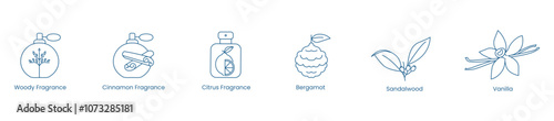 Vector Icons of Various Fragrances Including Woody, Cinnamon, Citrus, Bergamot, Sandalwood, and Vanilla Scents