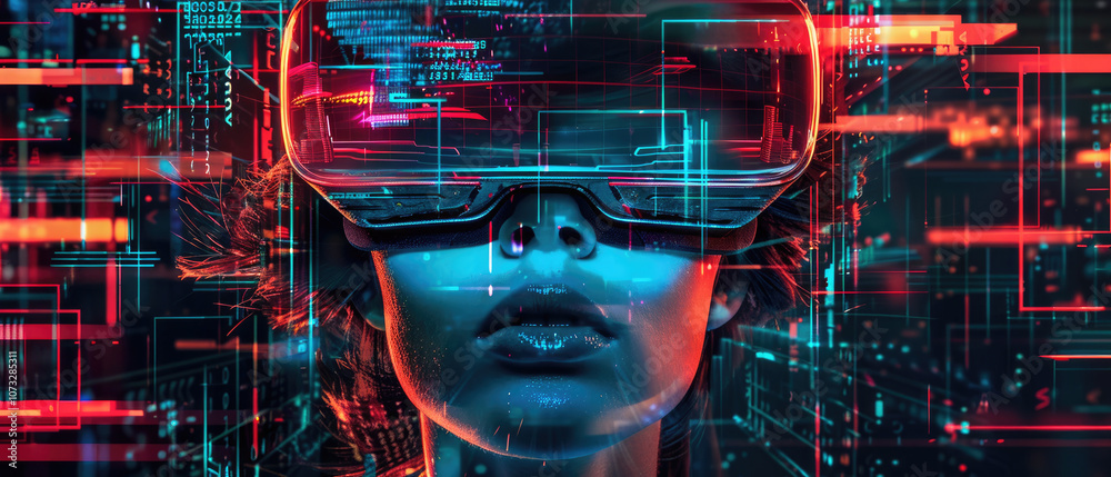 Portrait of adult girl wearing VR headset, face of young woman with futuristic digital glasses on abstract data background. Concept of virtual reality, technology, future Portrait of adult girl wearing VR headset, face of young woman with futuristic digital glasses on abstract data background. Concept of virtual reality, technology, future