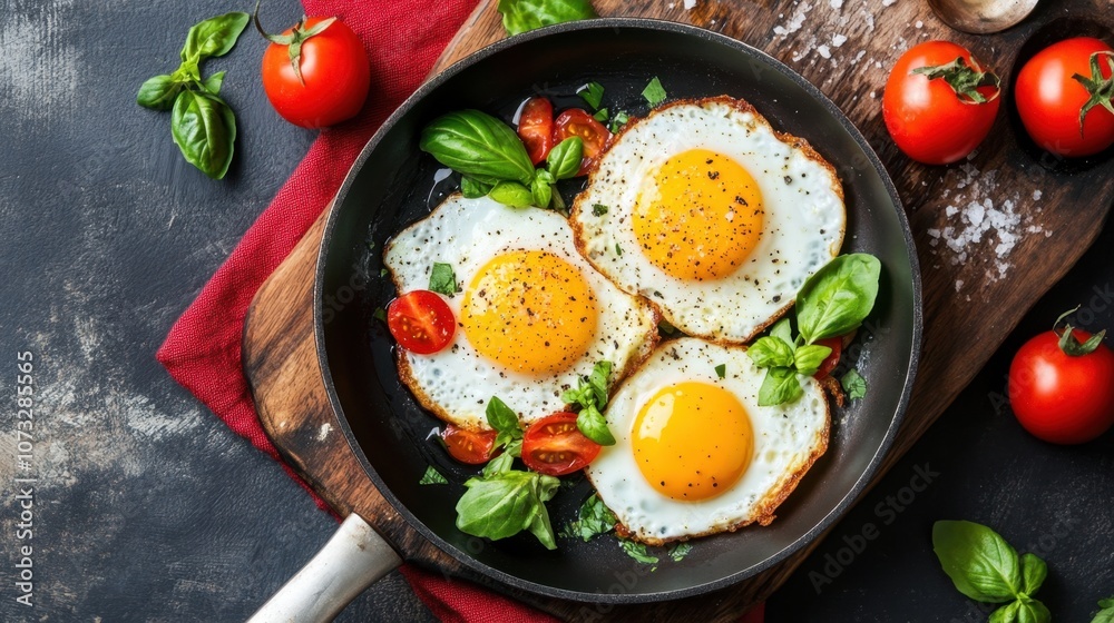 Deliciously Cooked Eggs in a Pan with Fresh Basil and Cherry Tomatoes on a Wooden Board, Perfect for Breakfast or Brunch Recipes Featuring Fresh Ingredients Deliciously Cooked Eggs in a Pan with Fresh Basil and Cherry Tomatoes on a Wooden Board, Perfect for Breakfast or Brunch Recipes Featuring Fresh Ingredients