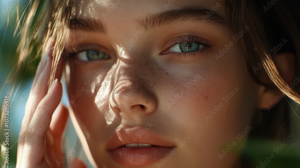 Close-Up Portrait of a Young Woman with Natural Beauty, Soft Lighting, and Intriguing Expressions Amidst Soft Green Leaves and Bright Background