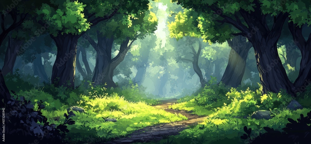Sunbeams illuminate a pathway through a lush green forest. Sunbeams illuminate a pathway through a lush green forest.