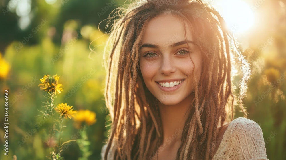Young woman with dreadlocks smiling warmly in a picturesque field filled with bright yellow flowers during a golden sunset, embodying joy and natural beauty. Young woman with dreadlocks smiling warmly in a picturesque field filled with bright yellow flowers during a golden sunset, embodying joy and natural beauty.