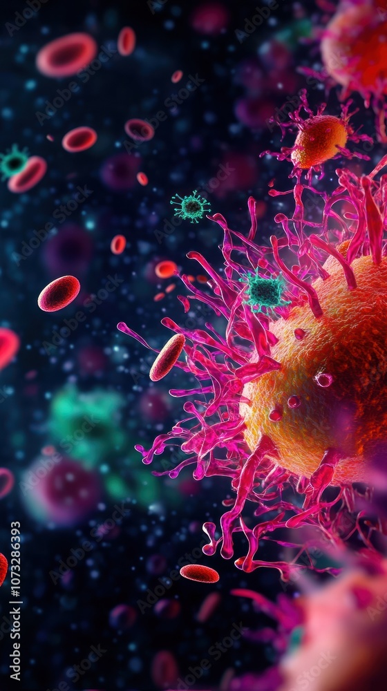 A vibrant and detailed depiction of a virus interacting with blood cells in a dark, microscopic environment, highlighting the complexities of cellular biology. A vibrant and detailed depiction of a virus interacting with blood cells in a dark, microscopic environment, highlighting the complexities of cellular biology.