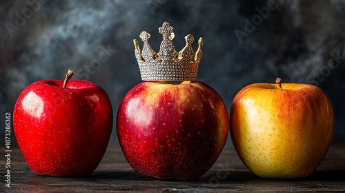 Red  apples on a wooden background. Healthy food concept.Red apples on colorful background apples with leaf on old wooden table, Organic grown, imperfect, fresh, shiny red apples, one in front, 