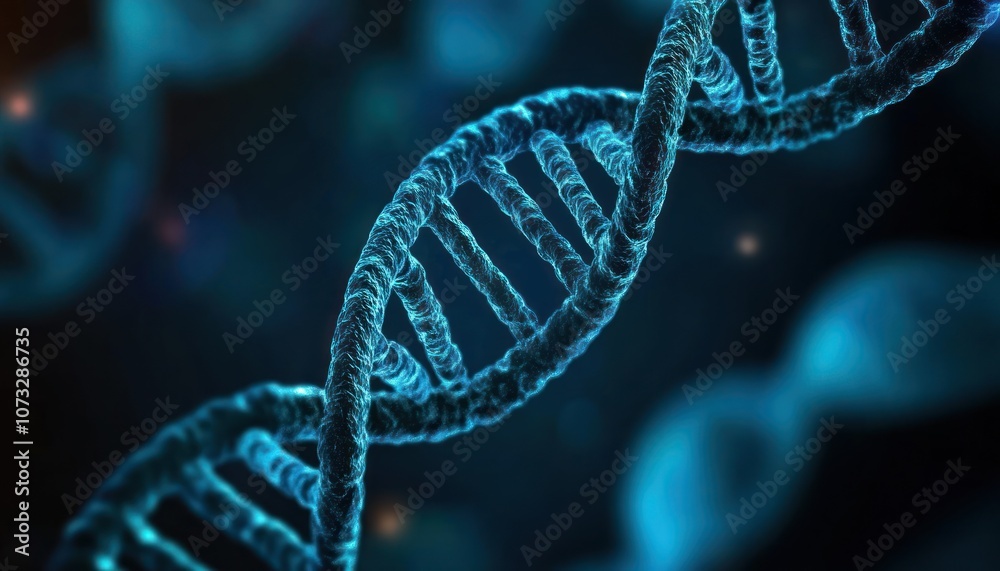 A close-up view of a DNA double helix, showcasing intricate details and a blue, glowing aesthetic against a dark background. A close-up view of a DNA double helix, showcasing intricate details and a blue, glowing aesthetic against a dark background.