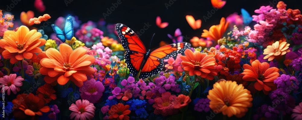 A vibrant scene featuring colorful butterflies among a variety of flowers, creating a lively and enchanting natural landscape.
