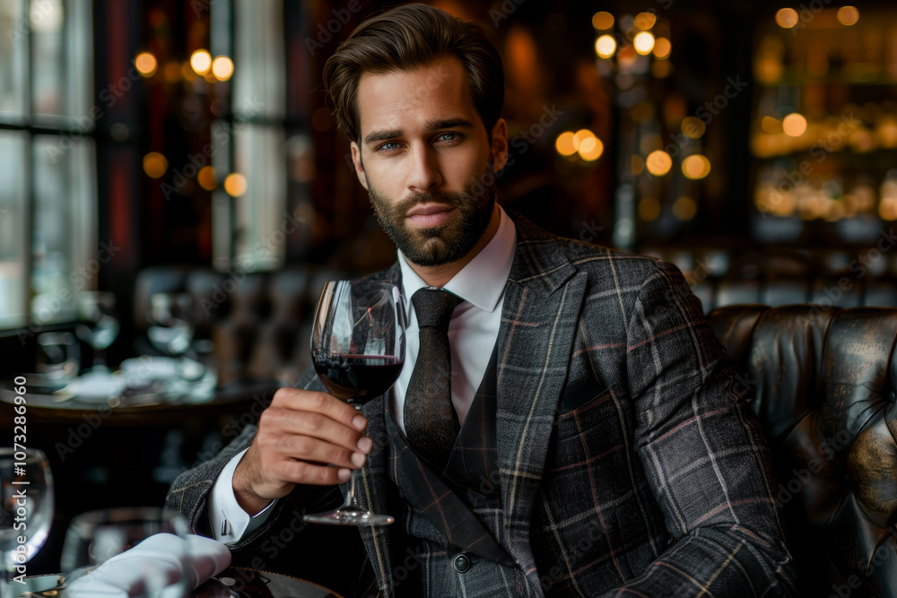 A man in a suit and tie is holding a glass of red wine A man in a suit and tie is holding a glass of red wine
