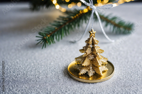 2025. Happy New Year. Gold, silver, Christmas tree, snowflakes, Christmas tree toys