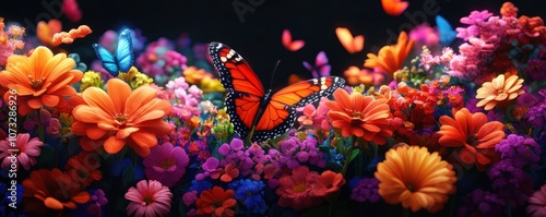 Obraz na płótnie A vibrant scene featuring colorful butterflies among a variety of flowers, creating a lively and enchanting natural landscape. w salonie