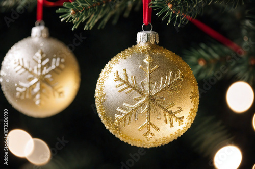 2025. Happy New Year. Gold, silver, Christmas tree, snowflakes, Christmas tree toys