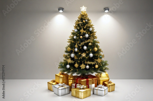 2025. Happy New Year. Gold, silver, Christmas tree, snowflakes, Christmas tree toys