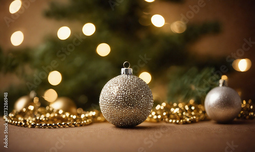 2025. Happy New Year. Gold, silver, Christmas tree, snowflakes, Christmas tree toys