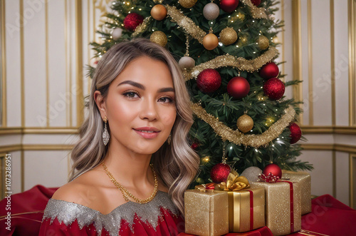 2025. Happy New Year. Gold, silver, Christmas tree, snowflakes, Christmas tree toys