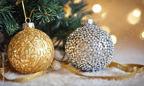 2025. Happy New Year. Gold, silver, Christmas tree, snowflakes, Christmas tree toys