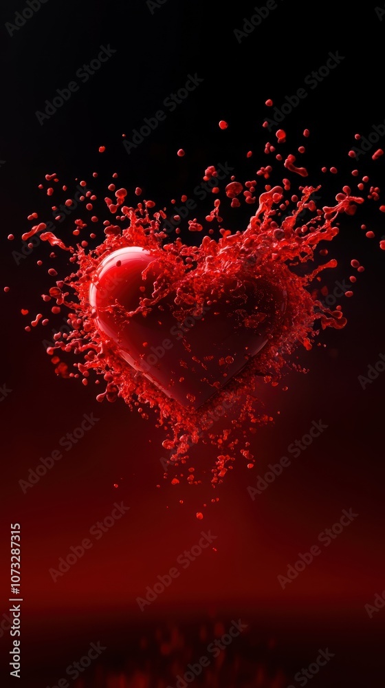 A vibrant, red heart bursts with droplets against a dark backdrop, symbolizing passion, love, and emotion. A vibrant, red heart bursts with droplets against a dark backdrop, symbolizing passion, love, and emotion.