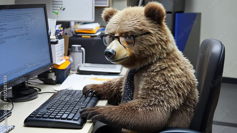 A bear in glasses sits at a desk, typing on a keyboard while dressed in ...