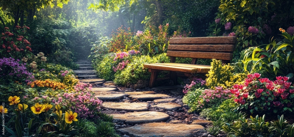 A wooden bench sits on a stone pathway through a lush garden, bathed in soft sunlight.