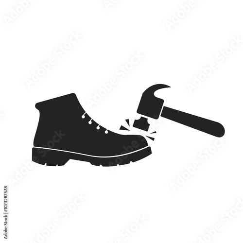 Isolated illustration of black pictogram safety shoes, a working foot protection icon hit by hammer sign 