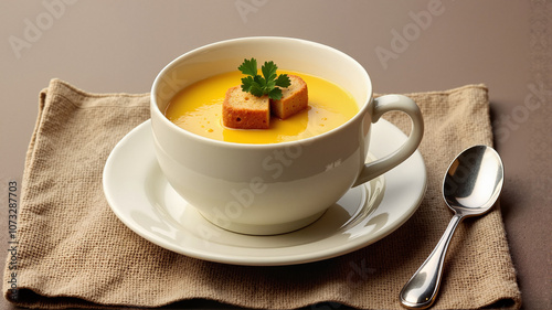 Soup bowl with garnished crouton and fresh herbs